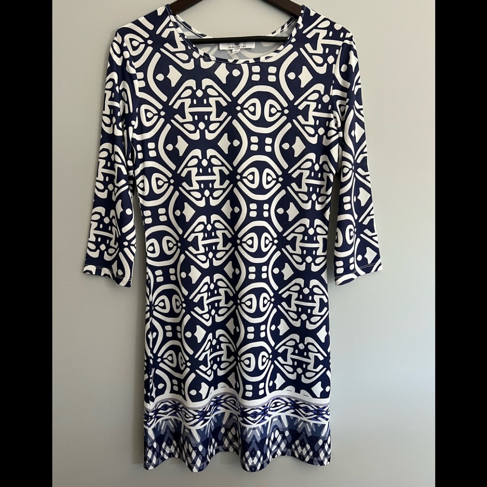Navy and white print dress